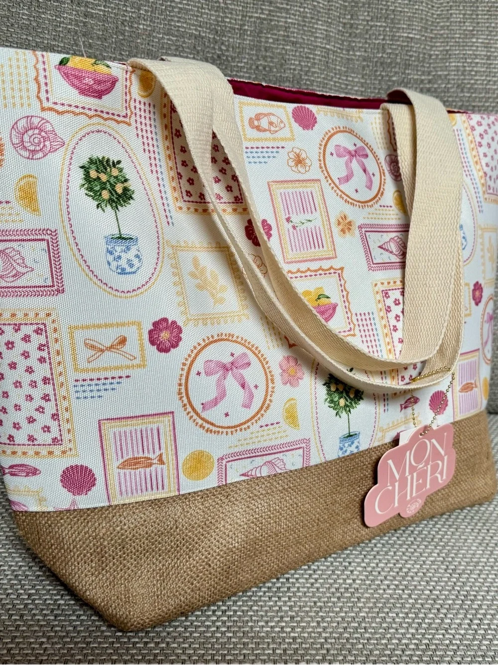 New Lemon Tree, Pink Nautical & Floral Canvas Tote Book Bag Reusable Burlap NWT